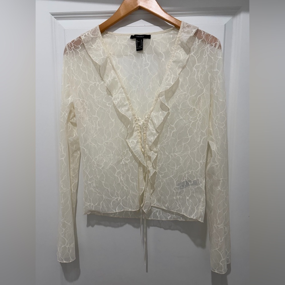 Forever 21 Cream Lace Ruffle-Tie Sheer Blouse